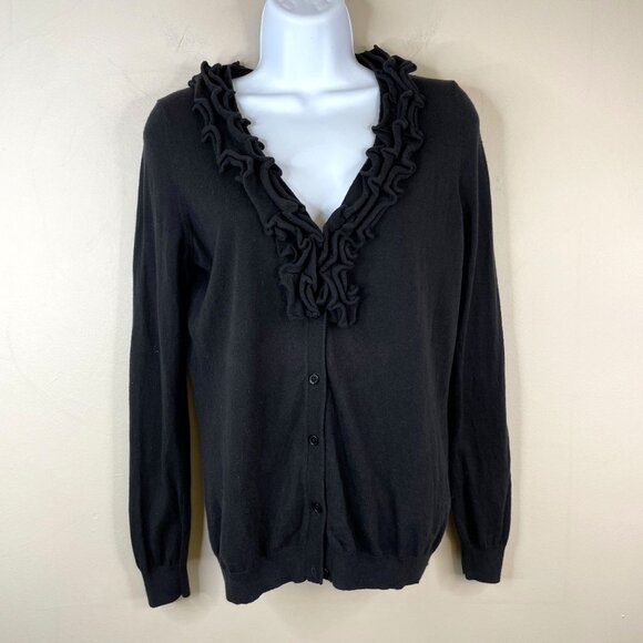 Talbots Ruffle Cardigan Sweater Size M Black Wool Blend Feminine Dainty Neutral - Picture 1 of 11